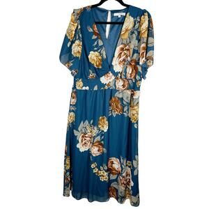 Baltic Born, Size 2XL, Teal Floral Maxi Dress, Deep V-Neck, Flutter Short Sleeve